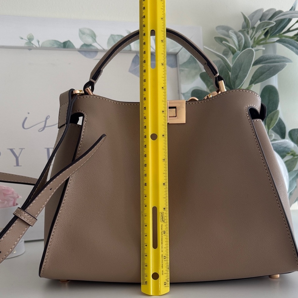 Taupe Structured Top-Handle Satchel with Gold Turn-Lock - Picture 16 of 16
